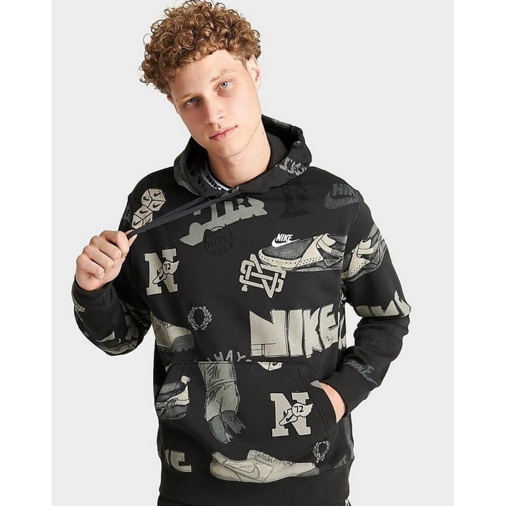 Nike Mens Sportswear Club Fleece All Over Print Sneaker Graphic Hoodie Black S